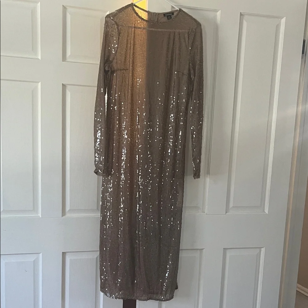 Boohoo Taupe Sequin Long Sleeve Midi Dress - Picture 1 of 10